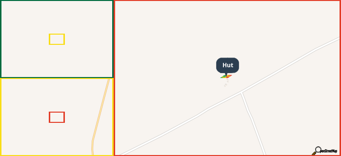 Map showing the address of Hut in three different zoom levels.