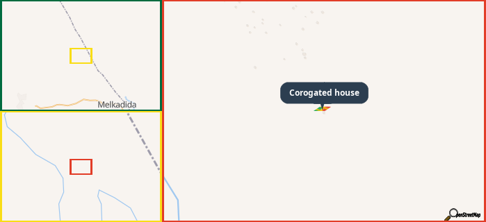 Map showing the address of Corogated house in three different zoom levels.