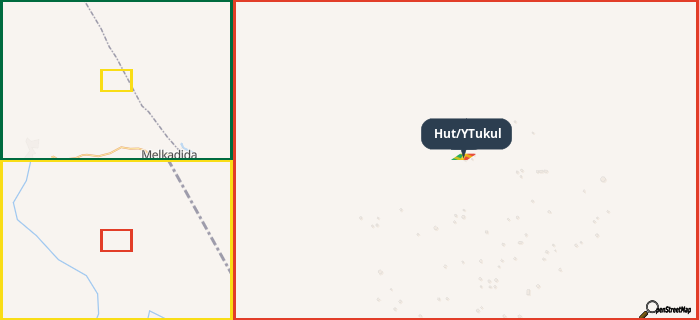 Map showing the address of Hut/YTukul in three different zoom levels.