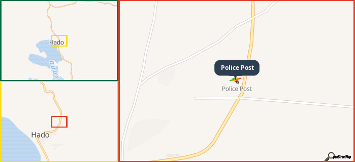 Map showing the address of Police Post in three different zoom levels.