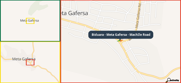 Map showing the address of Biduara - Meta Gafersa - MachIle Road in three different zoom levels.