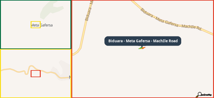 Map showing the address of Biduara - Meta Gafersa - MachIle Road in three different zoom levels.