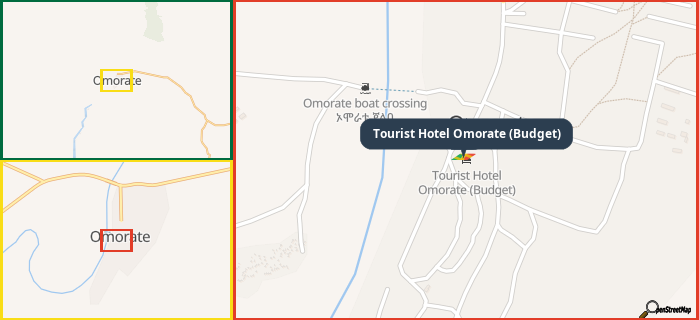 Map showing the address of Tourist Hotel Omorate (Budget) in three different zoom levels.