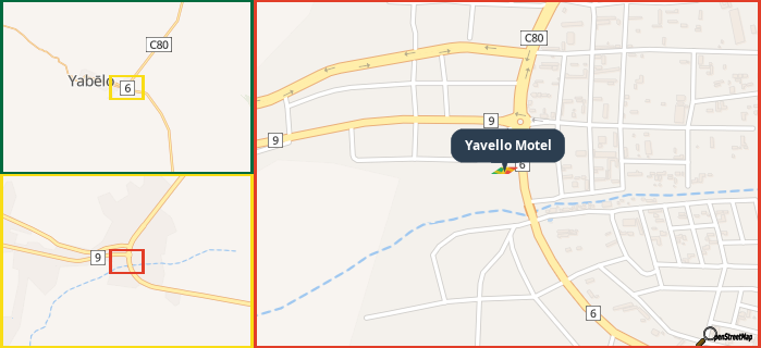 Map showing the address of Yavello Motel in three different zoom levels.