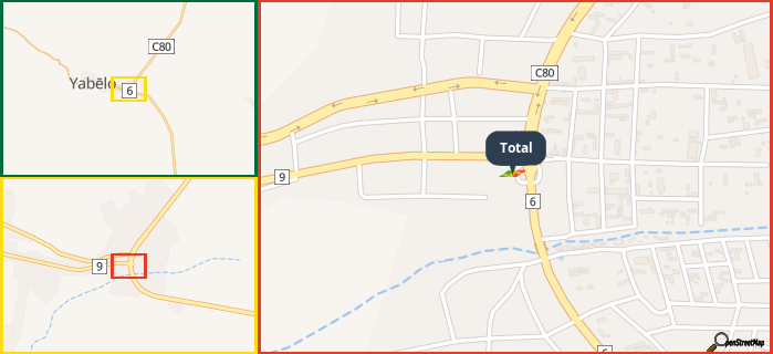 Map showing the address of Total in three different zoom levels.