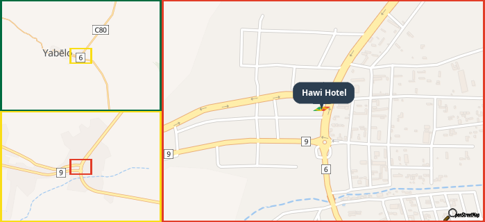 Map showing the address of Hawi Hotel in three different zoom levels.