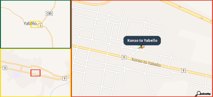Map showing the address of Konso to Yabello in three different zoom levels.
