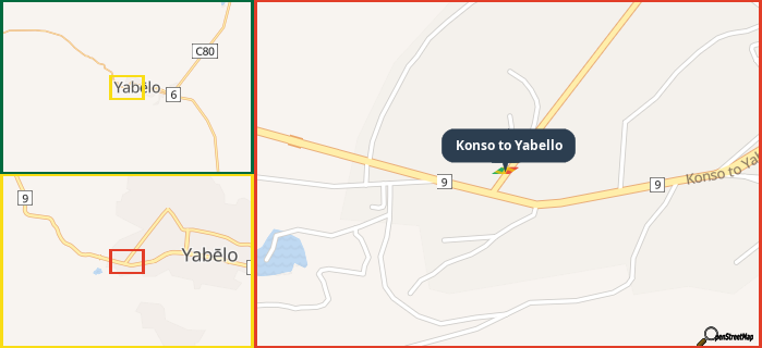 Map showing the address of Konso to Yabello in three different zoom levels.