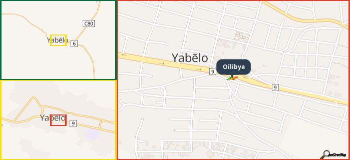 Map showing the address of Oilibya in three different zoom levels.