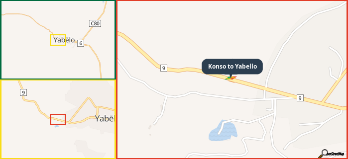 Map showing the address of Konso to Yabello in three different zoom levels.