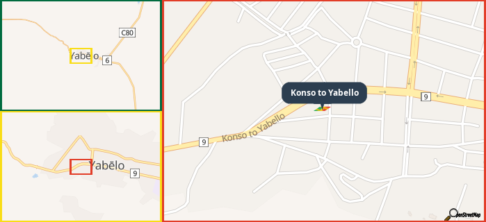 Map showing the address of Konso to Yabello in three different zoom levels.