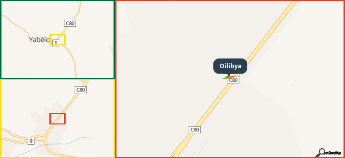 Map showing the address of Oilibya in three different zoom levels.