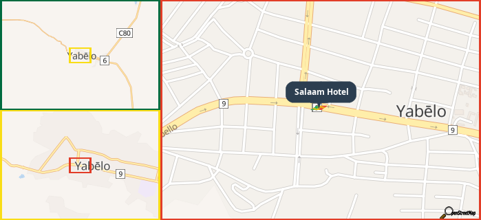 Map showing the address of Salaam Hotel in three different zoom levels.