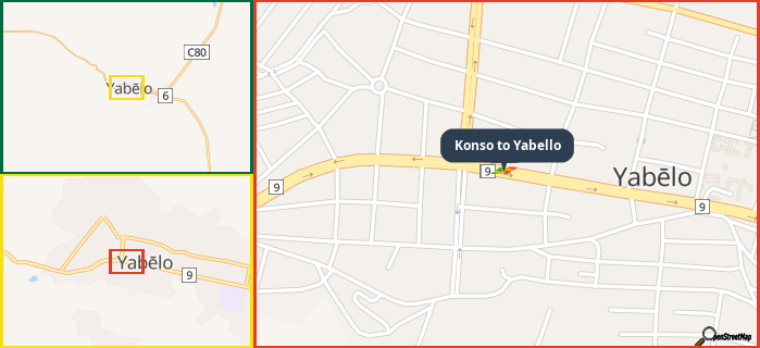 Map showing the address of Konso to Yabello in three different zoom levels.