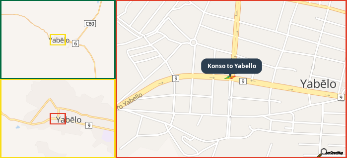 Map showing the address of Konso to Yabello in three different zoom levels.