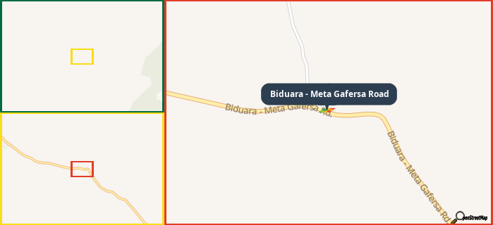Map showing the address of Biduara - Meta Gafersa Road in three different zoom levels.