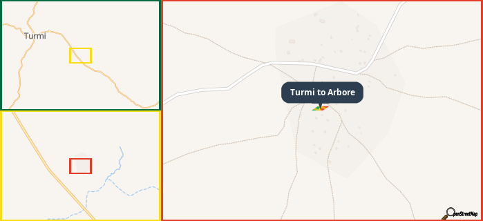 Map showing the address of Turmi to Arbore in three different zoom levels.