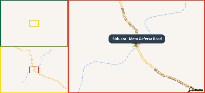 Map showing the address of Biduara - Meta Gafersa Road in three different zoom levels.