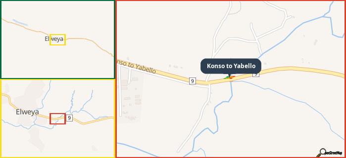 Map showing the address of Konso to Yabello in three different zoom levels.