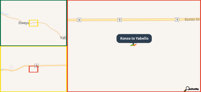 Map showing the address of Konso to Yabello in three different zoom levels.