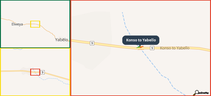 Map showing the address of Konso to Yabello in three different zoom levels.