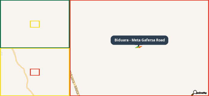 Map showing the address of Biduara - Meta Gafersa Road in three different zoom levels.