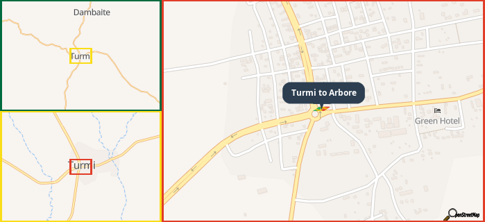 Map showing the address of Turmi to Arbore in three different zoom levels.