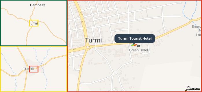 Map showing the address of Turmi Tourist Hotel in three different zoom levels.