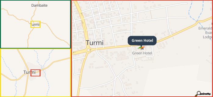 Map showing the address of Green Hotel in three different zoom levels.