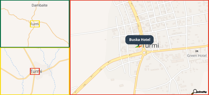Map showing the address of Buska Hotel in three different zoom levels.