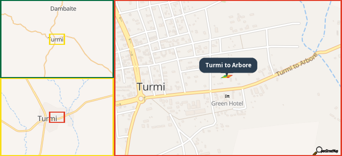 Map showing the address of Turmi to Arbore in three different zoom levels.