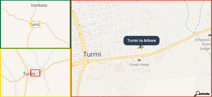 Map showing the address of Turmi to Arbore in three different zoom levels.