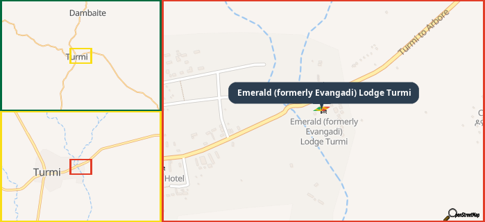 Map showing the address of Emerald (formerly Evangadi) Lodge Turmi in three different zoom levels.