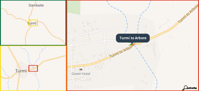 Map showing the address of Turmi to Arbore in three different zoom levels.