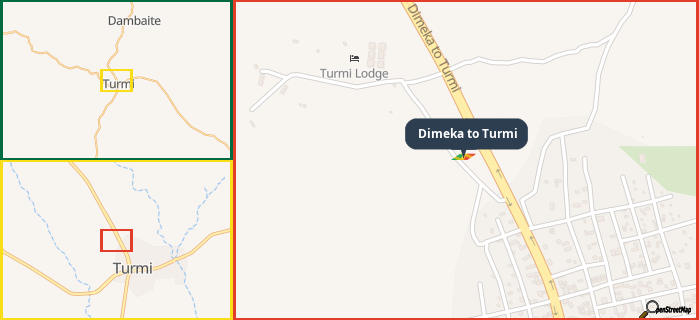Map showing the address of Dimeka to Turmi in three different zoom levels.