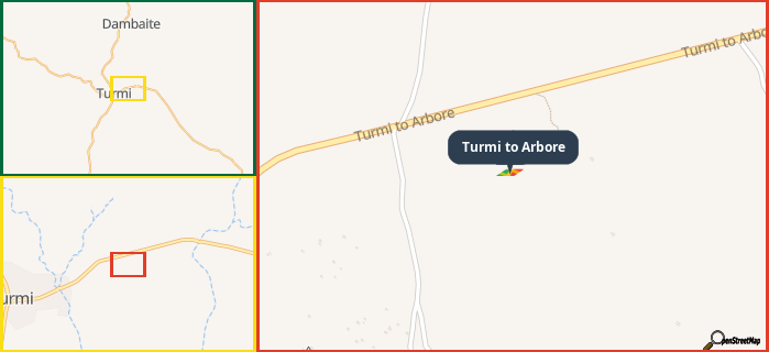 Map showing the address of Turmi to Arbore in three different zoom levels.