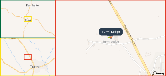 Map showing the address of Turmi Lodge in three different zoom levels.