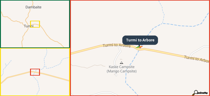 Map showing the address of Turmi to Arbore in three different zoom levels.