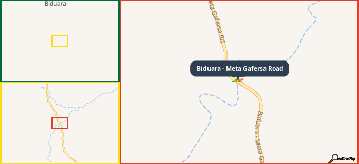 Map showing the address of Biduara - Meta Gafersa Road in three different zoom levels.