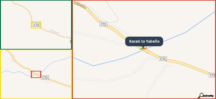 Map showing the address of Karati to Yabello in three different zoom levels.