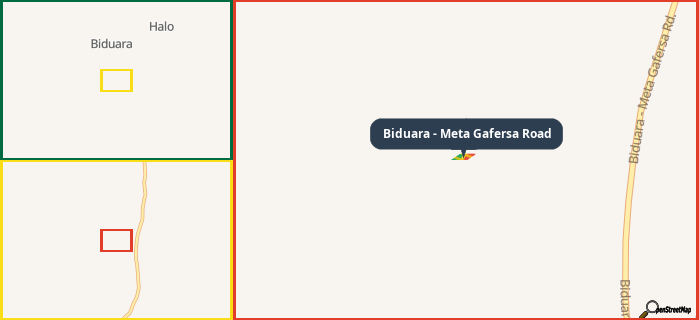 Map showing the address of Biduara - Meta Gafersa Road in three different zoom levels.