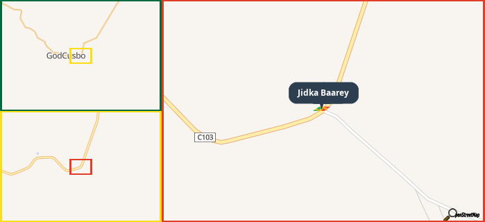 Map showing the address of Jidka Baarey in three different zoom levels.