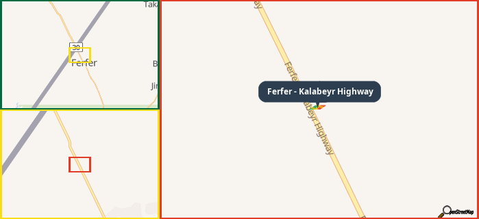 Map showing the address of Ferfer - Kalabeyr Highway in three different zoom levels.