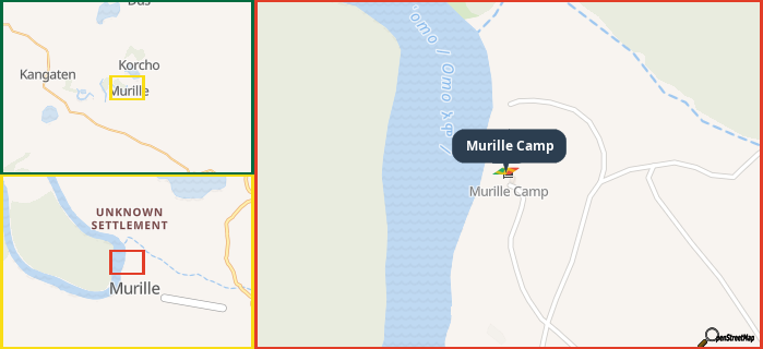 Map showing the address of Murille Camp in three different zoom levels.