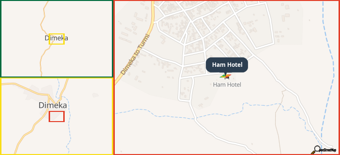 Map showing the address of Ham Hotel in three different zoom levels.