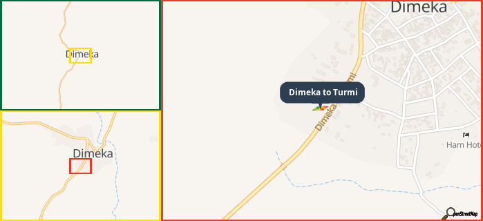 Map showing the address of Dimeka to Turmi in three different zoom levels.