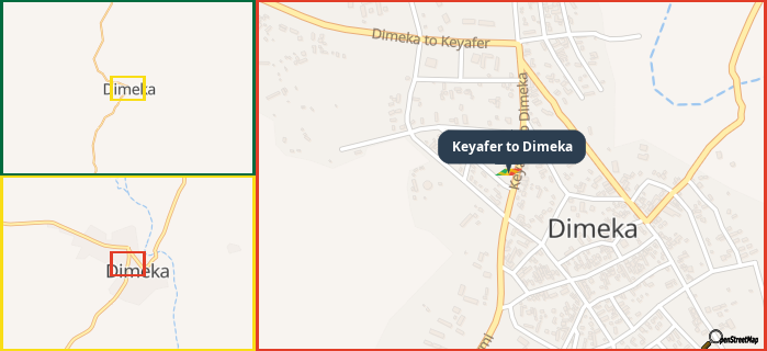 Map showing the address of Keyafer to Dimeka in three different zoom levels.