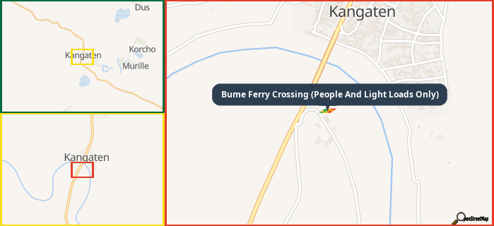 Map showing the address of Bume Ferry Crossing (People And Light Loads Only) in three different zoom levels.