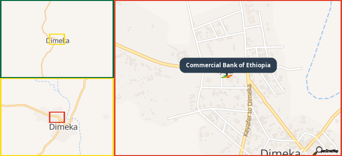Map showing the address of Commercial Bank of Ethiopia in three different zoom levels.