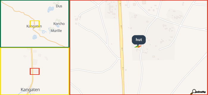 Map showing the address of hut in three different zoom levels.